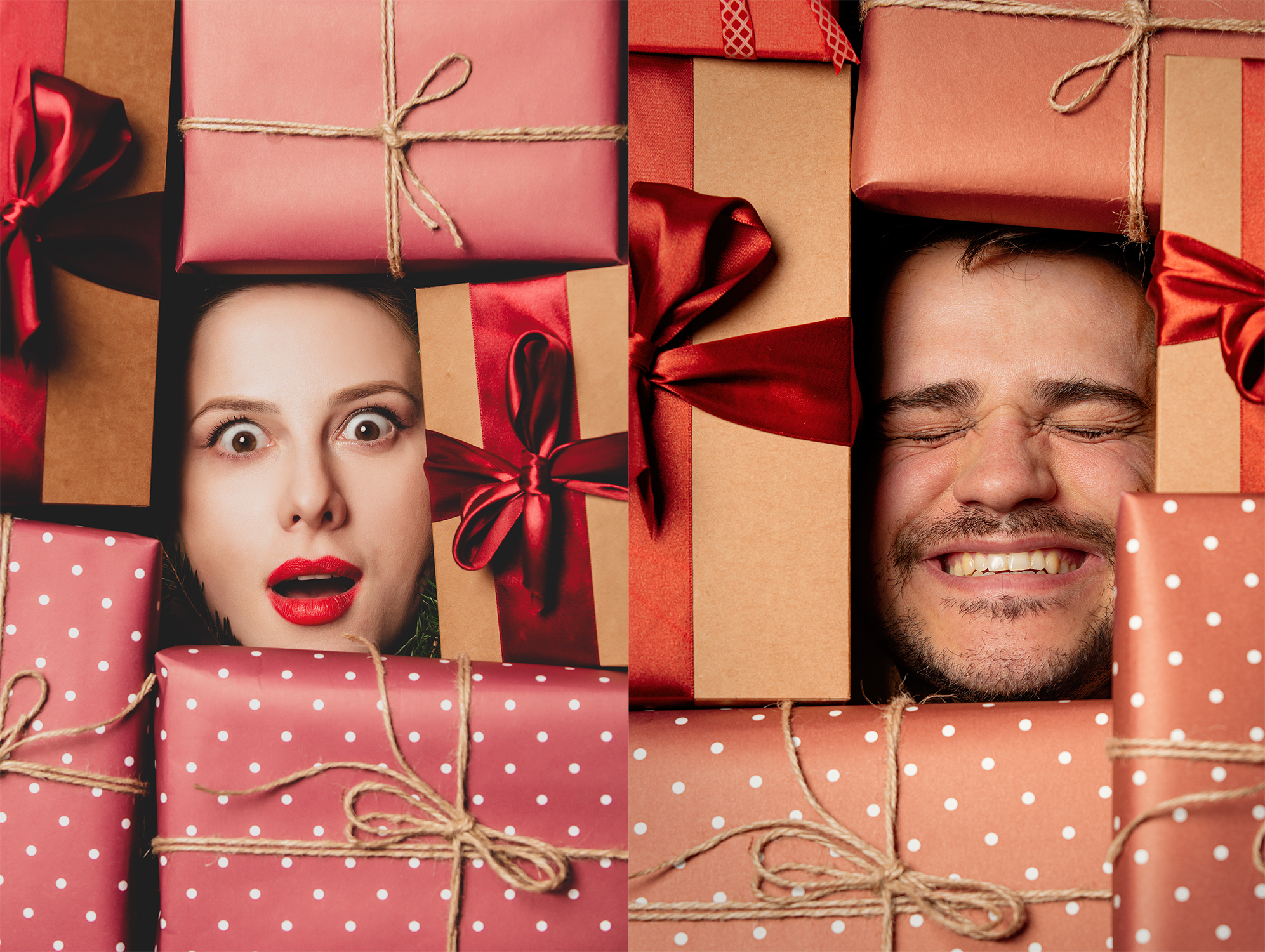White woman face and Christmas gifts